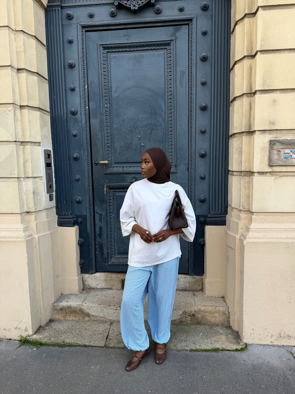 Pantalon Madeleine Bleu ciel - Blanc (Carreaux) - TAHIRA