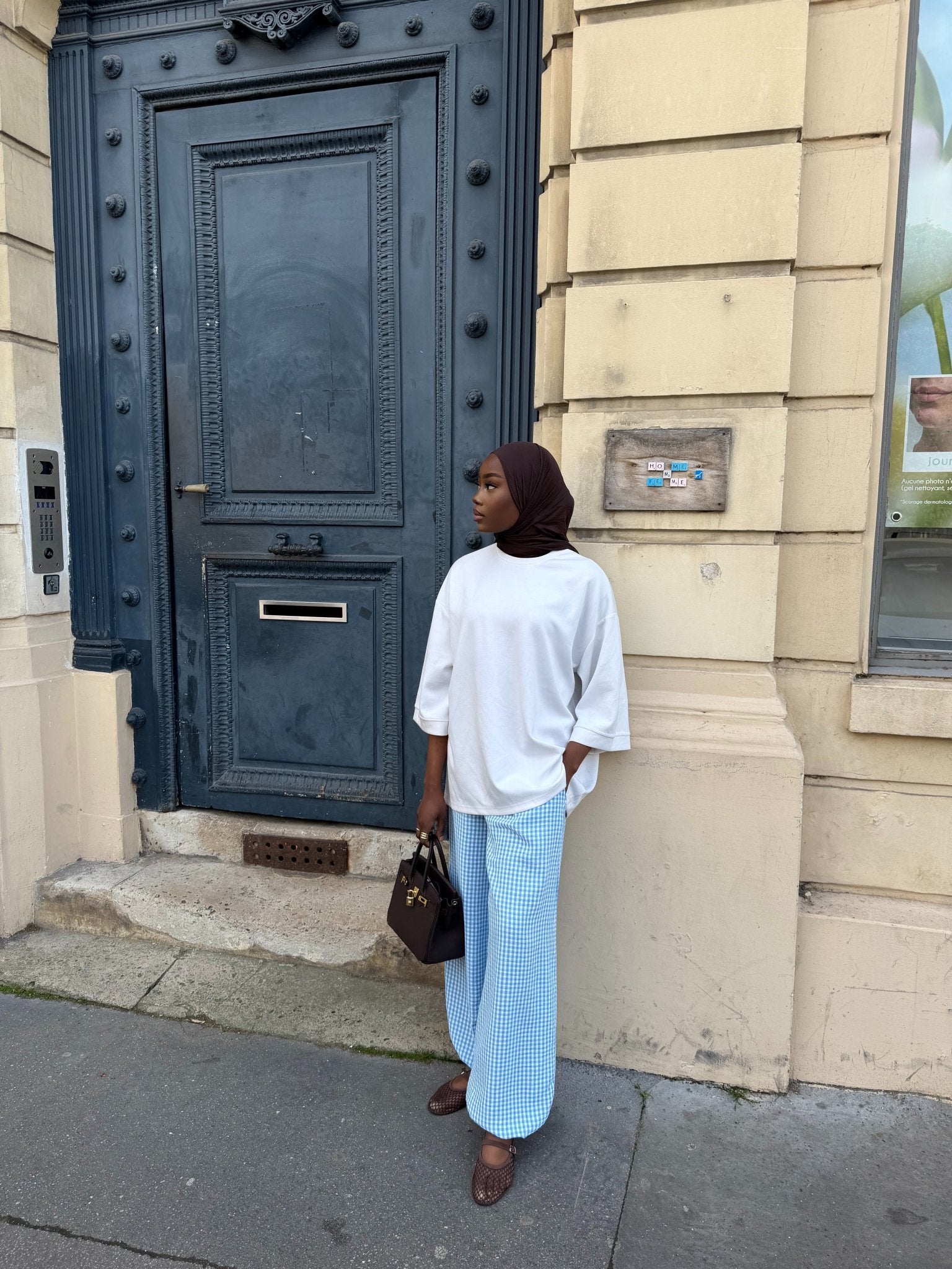 Pantalon Madeleine Bleu ciel - Blanc (Carreaux) - TAHIRA