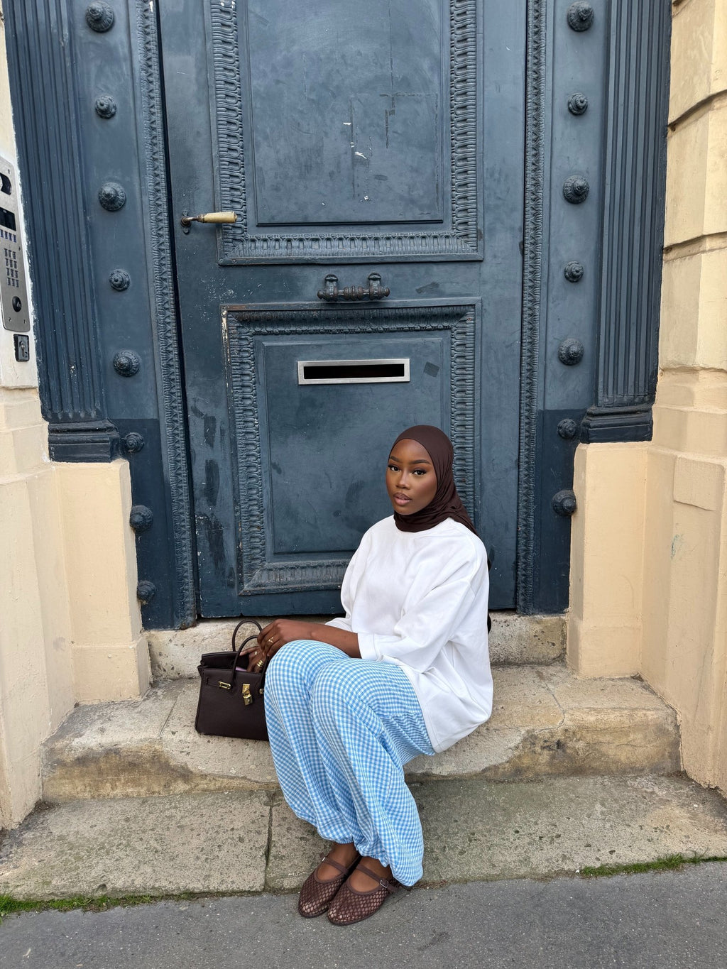 Pantalon Madeleine Bleu ciel - Blanc (Carreaux) - TAHIRA
