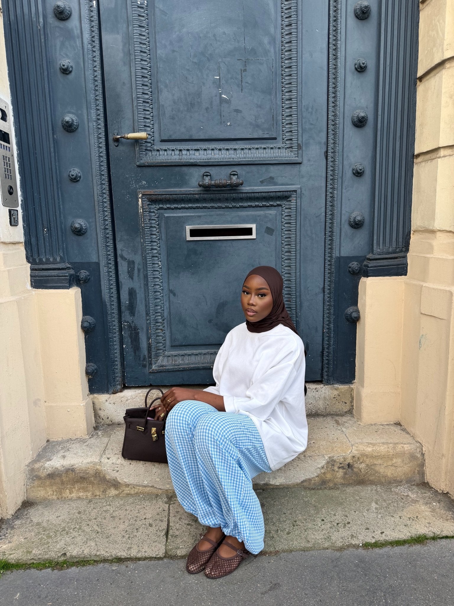 Pantalon Madeleine Bleu ciel - Blanc (Carreaux) - TAHIRA